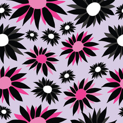 pink, gray, black flowers on purple background seamless pattern. pink, black, gray colored hand drawn spikey flowers seamless pattern. Good for textile, fabric, decoration, tiles, packaging print.