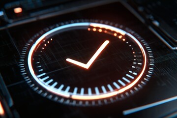 Digital checkmark with a circular loading bar. Indicates completion of task or validation in a futuristic, tech-driven environment.