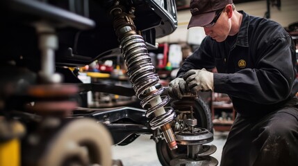 Mechanic carefully working on a car's suspension system in a garage setting