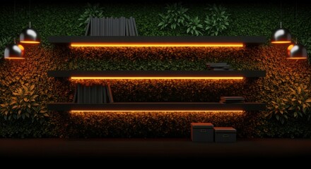 Illuminated shelves with books and plants against a dark backdrop in a room