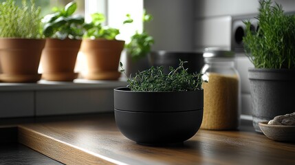 Thyme plant in black pot on kitchen counter near window with herbs.