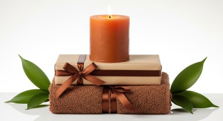Arrangement of a candle, gift, and towel with leaves on a bright background
