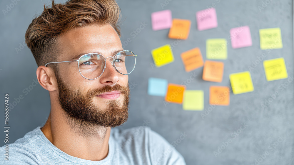 Poster creative brainstorming session with sticky notes and thoughtful man