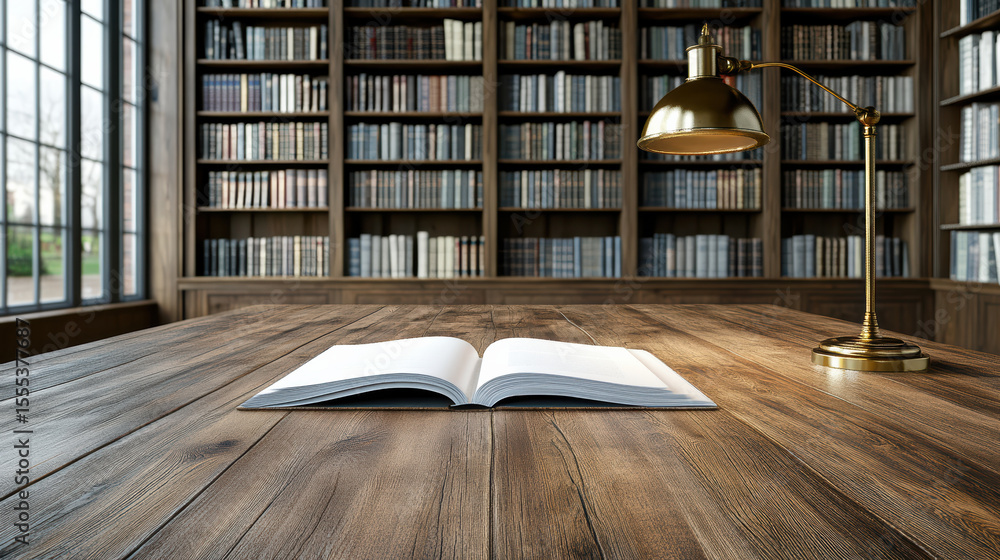 Poster classic library table with open book and brass reading lamp, surrounded by shelves filled with