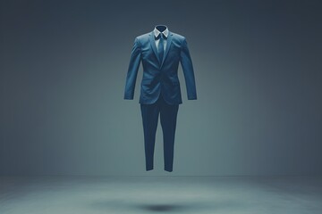 
A soft blue business suit floats horizontally in the air, descending from the ceiling to the floor, appearing weightless, inhuman, real and not subject to gravity and a gray background