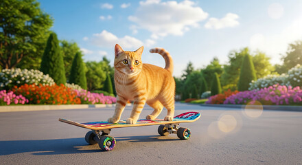 Ginger Cat Skateboarding in a Sunny Park A Fun Summer Image