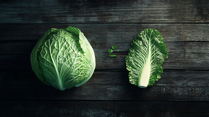 Savoy Cabbage and Leaf on Dark Wood Surface Still Life