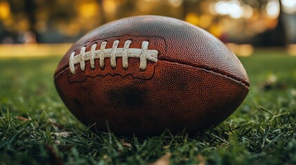 Obraz premium Close-up of a well-worn American football resting on a grassy field.