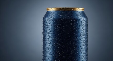 A wet beverage container with a gold top against a plain muted tone backdrop
