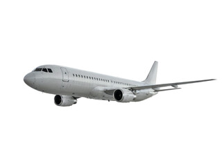 A white passenger airplane is isolated on transparent background