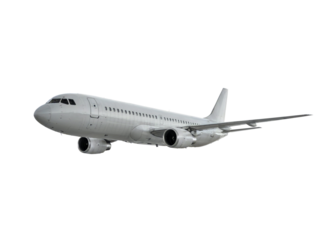 A white passenger airplane is isolated on transparent background