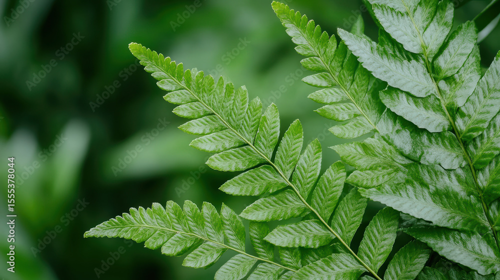 Poster lush green fern leaves display intricate patterns soft forest light, creating serene atmosphere