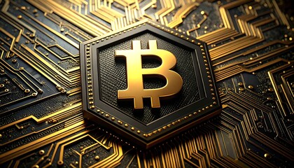Golden Bitcoin symbol on circuit board