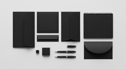 Arrangement of stationery items including pens and envelopes on a flat area