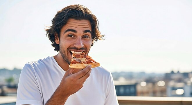 handsome young man eating a slice of pizza, cheese, pepperoni, tomato sauce, crust, close up, male model, hungry man, tasty food, comfort food, fast food, delicious, Italian food, cheesy pizza, hot