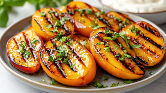 Grilled peaches with fresh herbs on plate create delightful summer dish