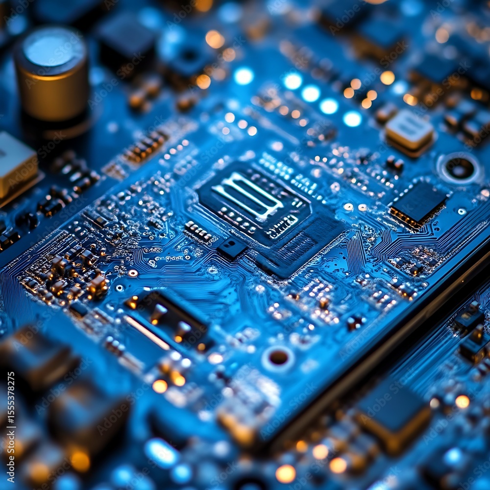 Poster close-up of a blue circuit board with a central processor and various components