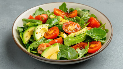 Fresh salad bowl with leafy greens, cherry tomatoes, and avocado, showcasing vibrant colors