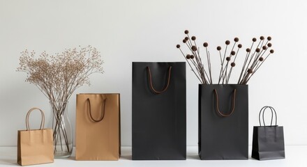 Arrangement of shopping bags and vase with dried flowers against plain backdrop