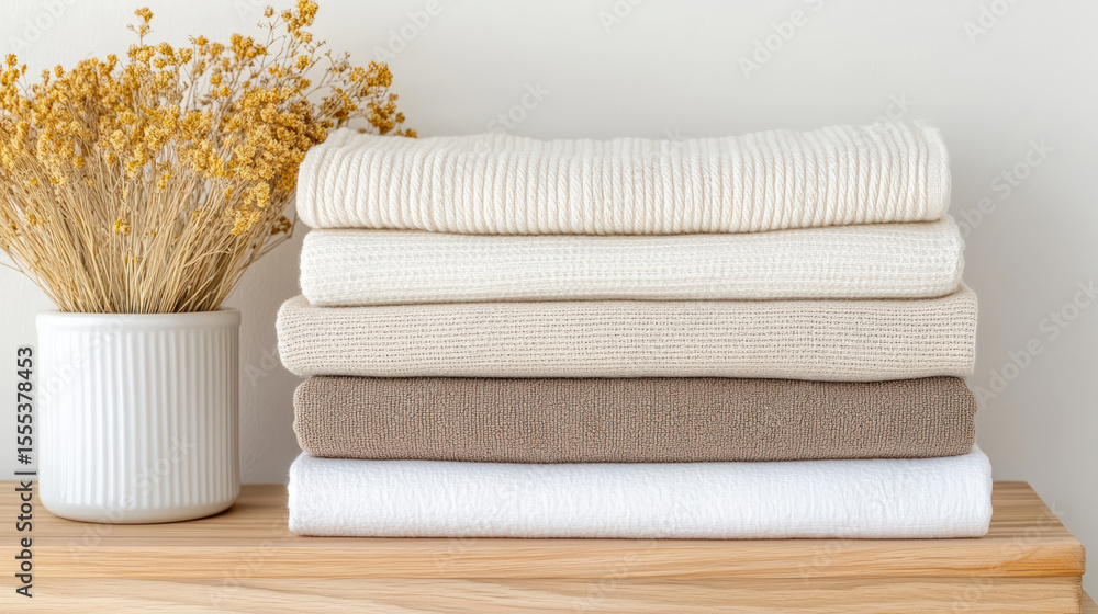 Poster soft linens stacked neatly in neutral tones, creating cozy and inviting atmosphere