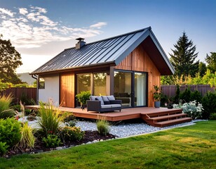 Modern cabin in a garden setting