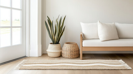 Cozy home nook featuring snake plant, textured rug, and woven baskets