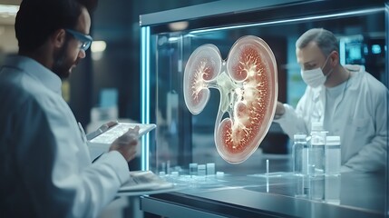 Scientists analyzing human kidney 3D model for medical breakthroughs in high-tech research lab