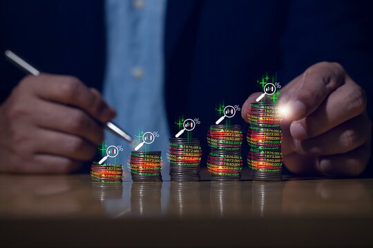 finance horizontal investment business currency, Stacked coins with digital market data and magnifying icons show AI-based investment analysis, financial growth, and smart saving strategy.