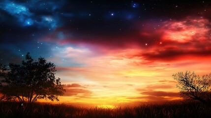 Fototapeta premium Stunning sunset over serene landscape natural environment digital artwork vibrant colors peaceful viewpoint calmness concept