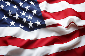 Detailed Close-Up of American Flag with Waves and Folds Showing Stars and Stripes Design