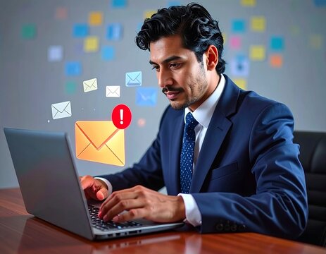 Businessman typing on laptop with warning email icons, representing email threat, phishing attack, malware, data breach, cybersecurity alert, scam message, spam risk, and online fraud protection.