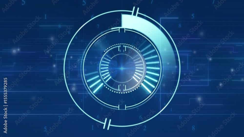 Poster at start, translucent cyan arc rotating around ring while inner bars lighting, visualizing data