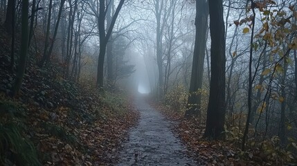Naklejka premium Mysterious foggy path in autumn forest nature scene serene environment peaceful viewpoint evoking reflection