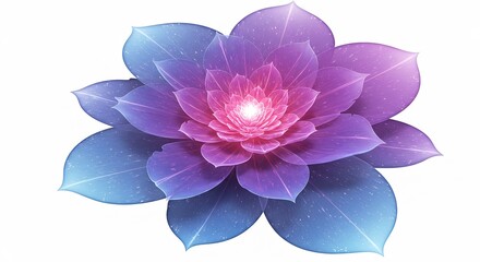 Glowing purple blue fractal flower softly illuminates white background. AI Generated