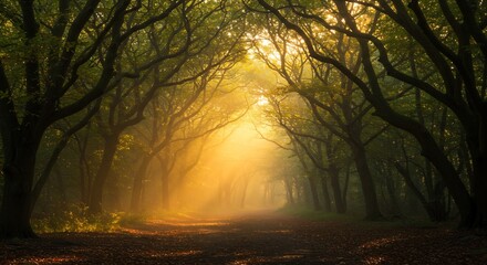 Golden sunlight streams through mystical forest path. AI Generated