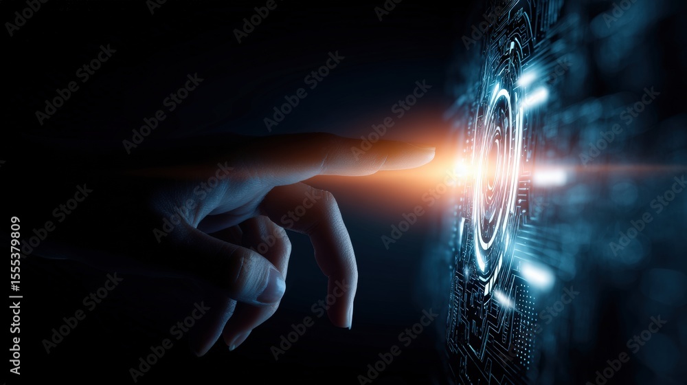 Poster Hand interacting with a digital futuristic user interface, concept of digital transformation and innovation