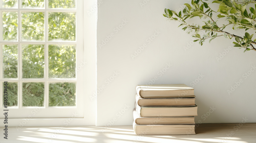 Poster stack of books beside window with greenery outside, creating serene atmosphere
