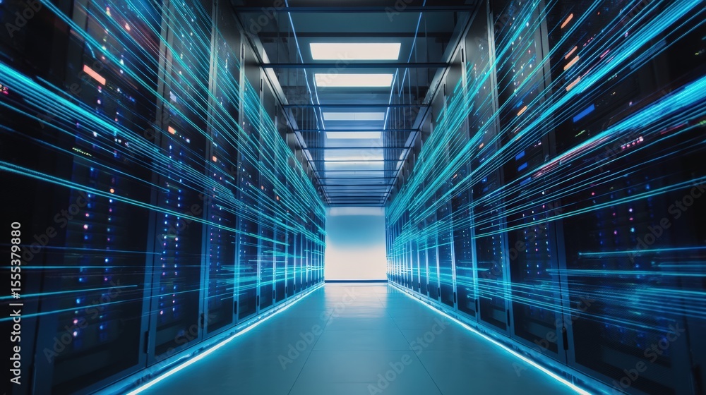 Poster Server racks with flashing lights illustrate data transfer in a modern data center, showcasing futuristic technology and big data management