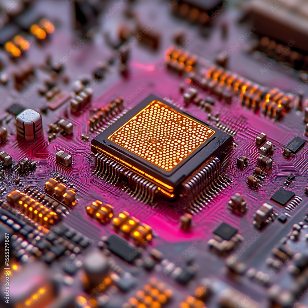 Poster close-up of a computer processor chip on a circuit board, glowing