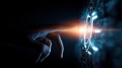 Hand interacting with a digital futuristic user interface, concept of digital transformation and innovation