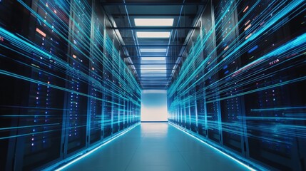 Server racks with flashing lights illustrate data transfer in a modern data center, showcasing futuristic technology and big data management