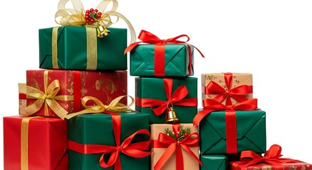 Fototapeta premium A stack of christmas presents wrapped in colorful paper with ribbons bows