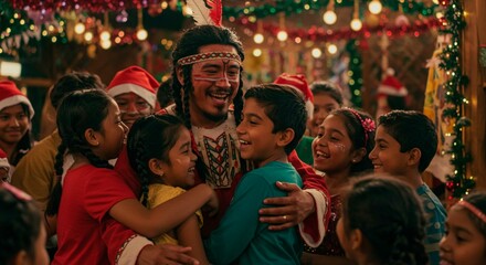 Man in native american costume surrounded by smiling children at christmas