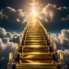 A staircase made of gold bars ascending into the clouds with glowing light at the top, symbolizing the path to financial independence


