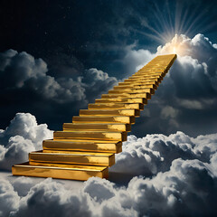 A staircase made of gold bars ascending into the clouds with glowing light at the top, symbolizing the path to financial independence


