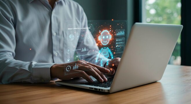 Man typing on laptop with ai hologram interface overlaying the screen view