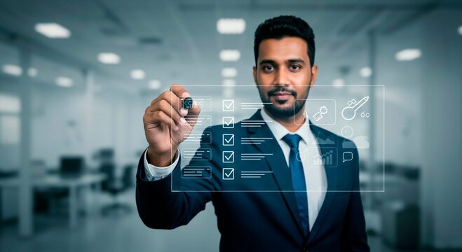 Man in suit interacting with digital interface in modern office space
