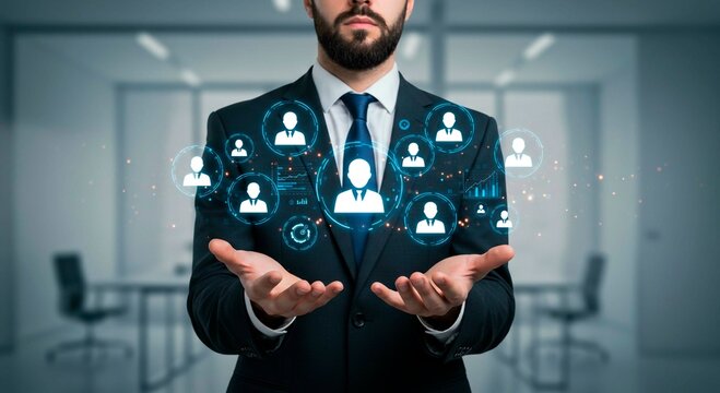 Businessman presenting digital network of people connections in office space