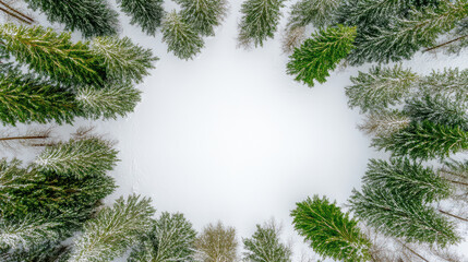 Snow covered forest edge with evergreen trees creating serene winter landscape