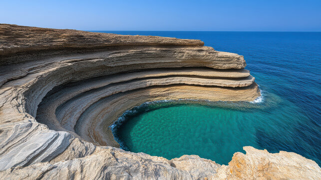 Stunning coastal rock formation with layered cliffs and turquoise water creates serene - Powered by Adobe